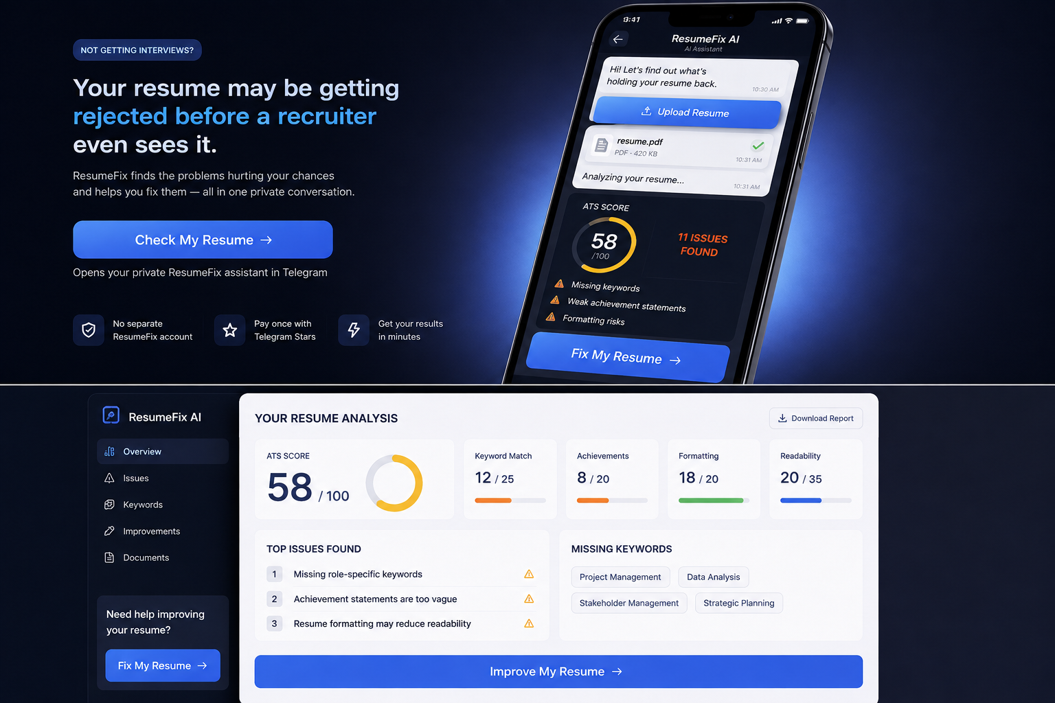 ResumeFix AI assistant — upload your resume, see your ATS score, fix it